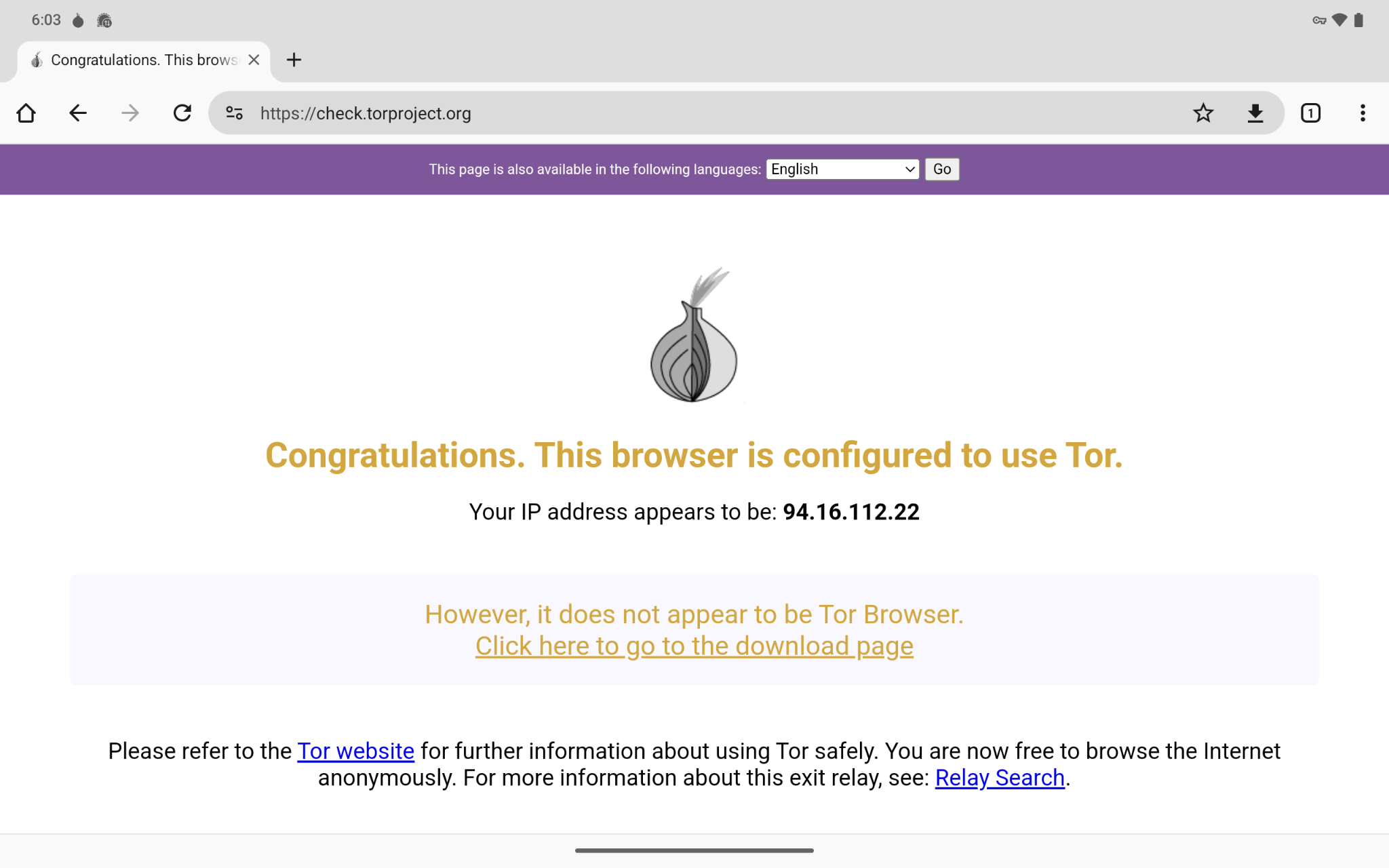 Alt Text: Checking if Tor routing is working in Chrmium